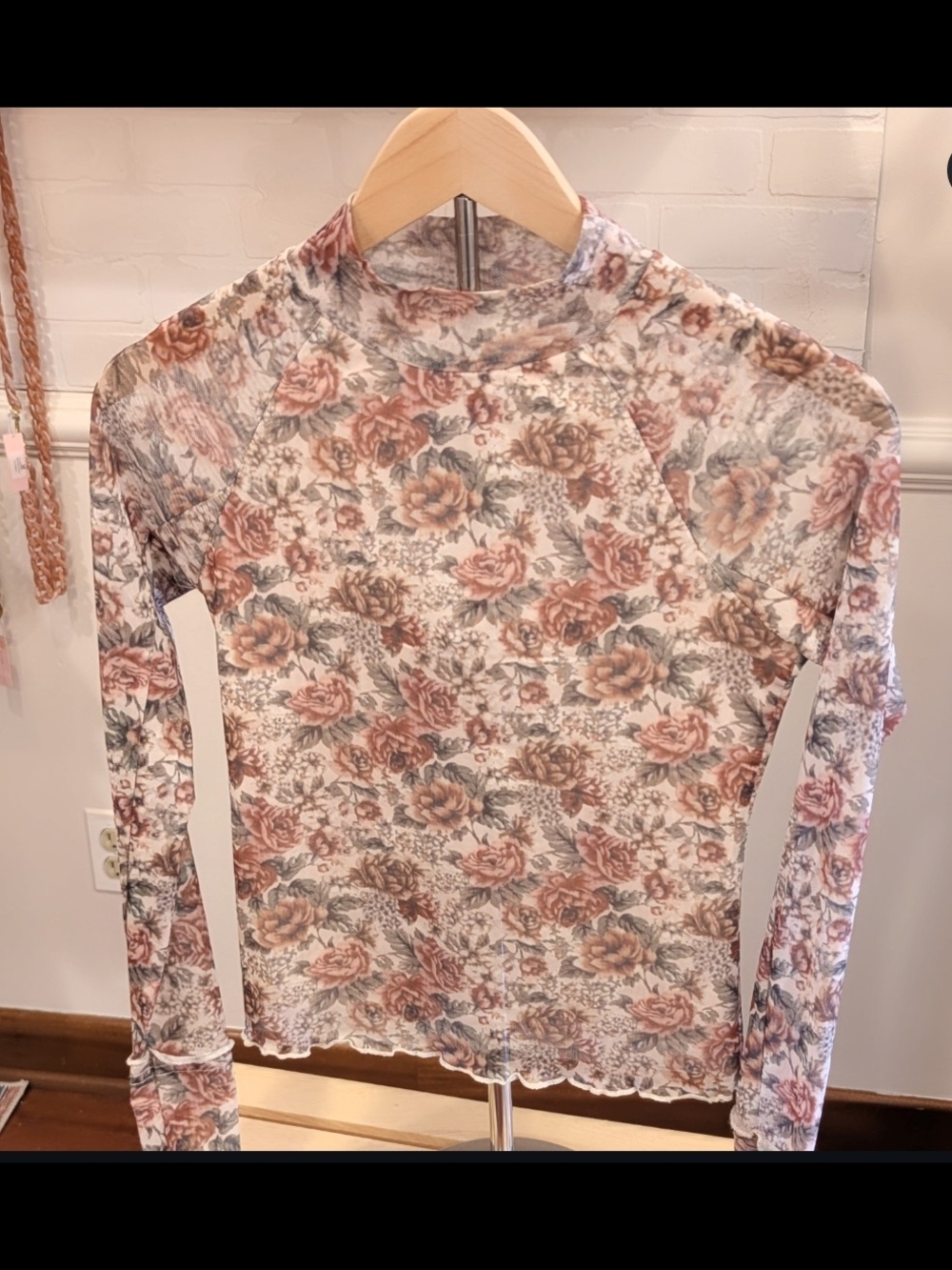 Promesa Floral Mesh Long Sleeve Top - Cream Pink Brown